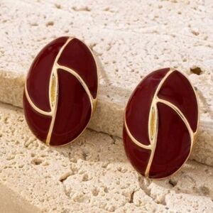 NEW! Retro & Elegant Gold and Red Enamel Oval Post Earrings